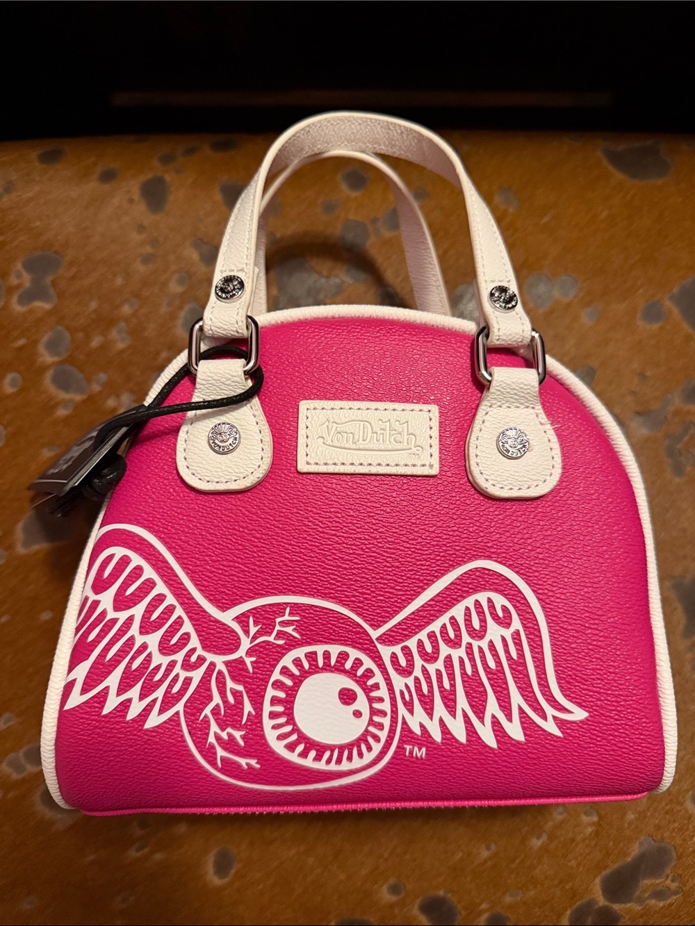 Von Dutch Hot Pink Mini Dome Satchel with White Trim